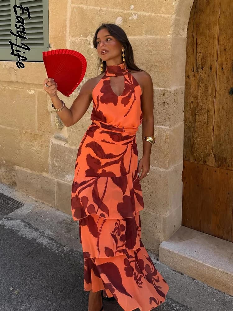 Elegant High Neck Printed Halter Lady Dress Fashion Sleeveless Multi-layer Folds Maxi Dresses Womens Summer New Vacation Robe