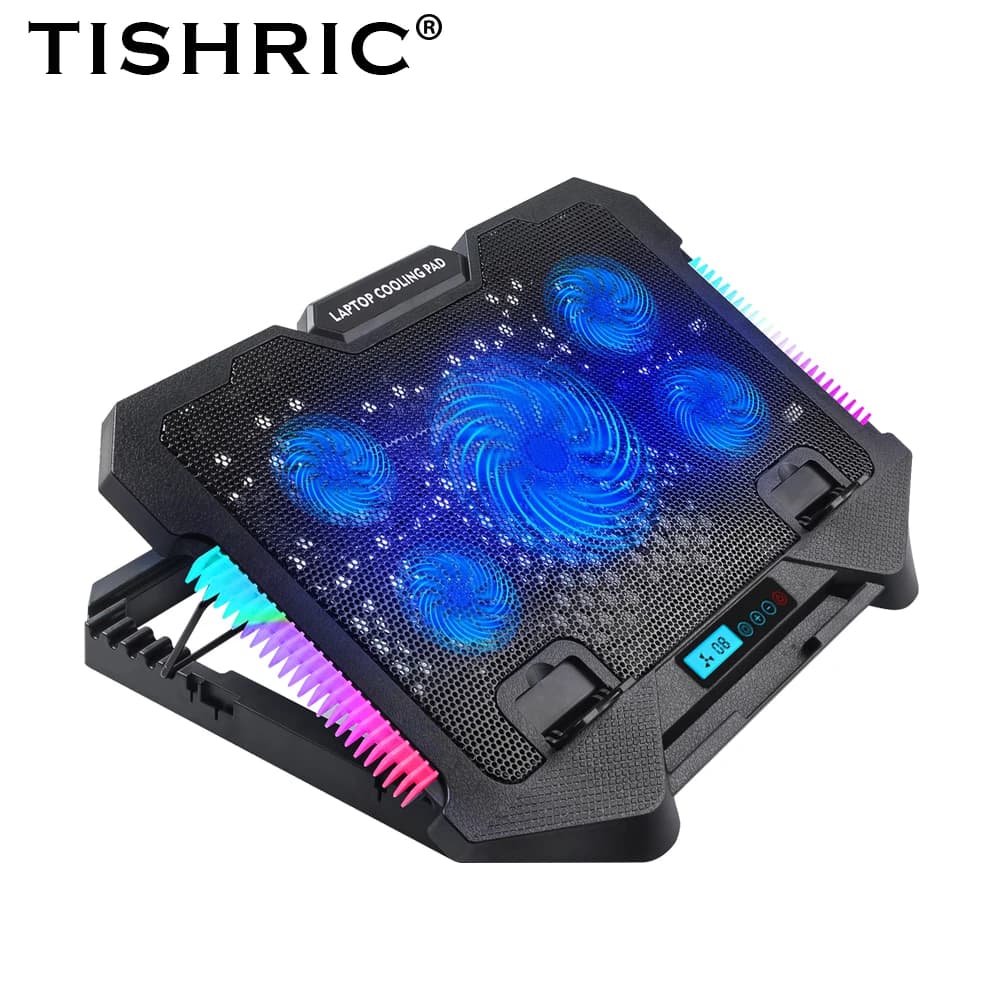 TISHRIC S500(RGB) Supporto per laptop 2 porte USB 5 ventole Raffreddamento portatile per laptop PC Tablet Pad di raffreddamento con display a LED 12-18 pollici
