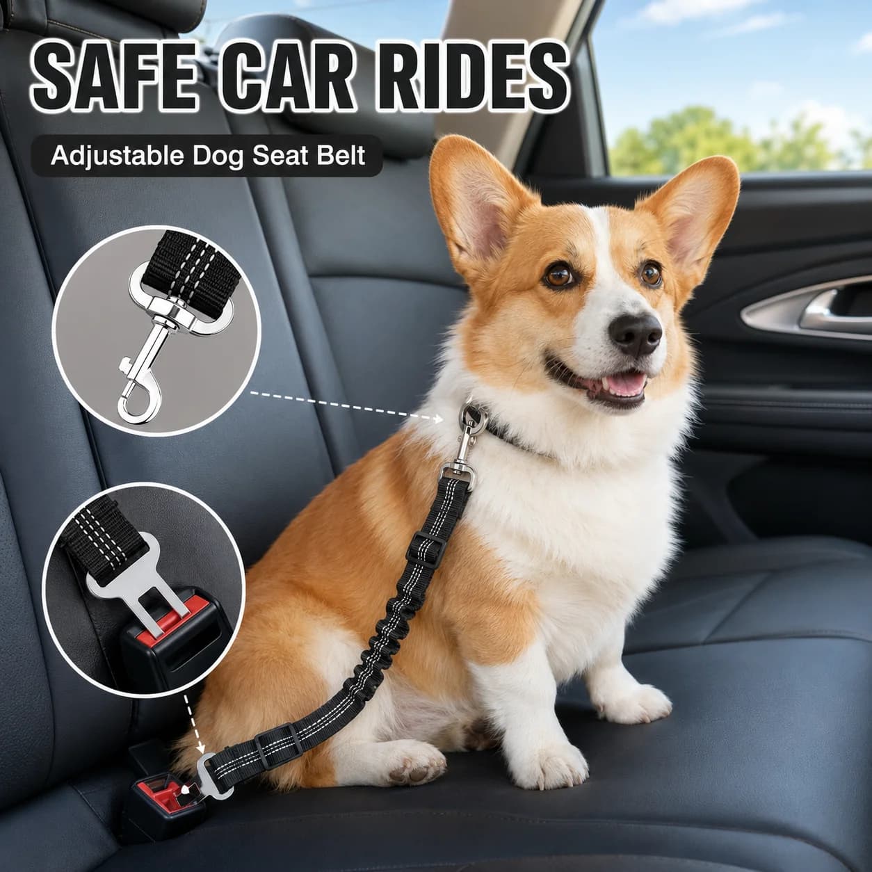 1pc Adjustable Dog Safety Belt for Car Reflective Damping Seatbelt Strap Suitable for Travel Any Dog Size