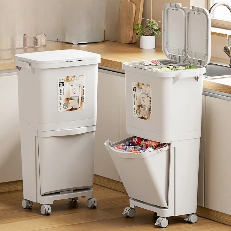 Wheeled Dual Compartment Waste Sorting Bin Vertical Dry Wet Separate Kitchen Recycling Garbage Bucket