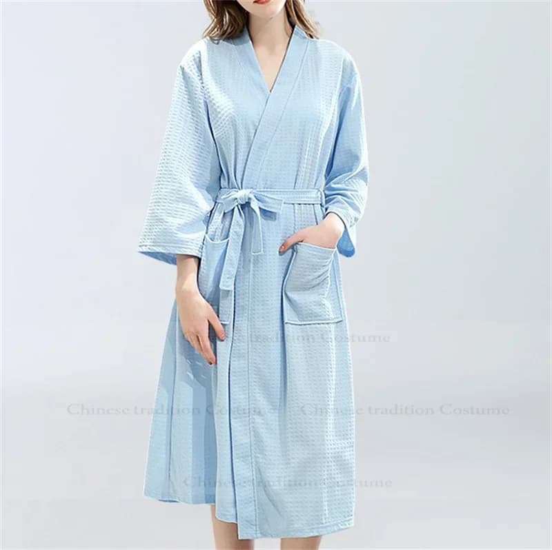 Lady Waffle Sottile Doccia Vestaglie Indumenti Da Notte Blu Kimono Abito Abito Intimo Lingerie Coppia Uomini Casa Vestaglia Accappatoio Sexy