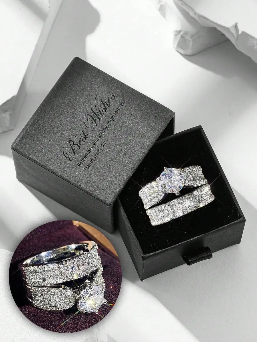 Set di 2 anelli di lusso con zirconi cubici, fede nuziale scintillante per donna, regalo di San Valentino