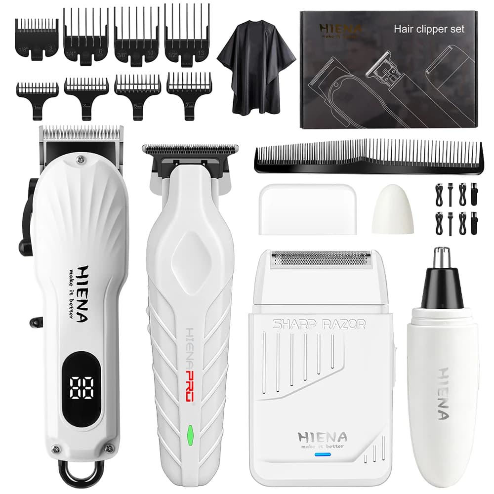 HIENA White 4IN1 Men Grooming Kit LCD Cordless Hair Clipper T Trimmer Foil Shaver Nose Trimmer USB Barber Salon Home Tools