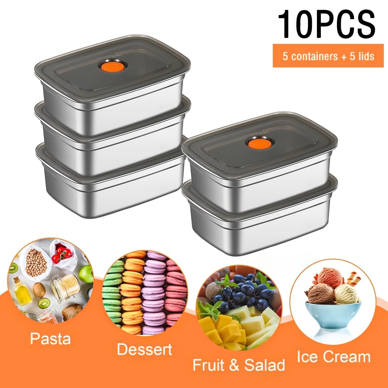 Set di 10 Contenitori per Alimenti in Acciaio Inox con Coperchi, Ermetici e Adatti per Freezer/Microonde, Ideali per Casa e Ristorante