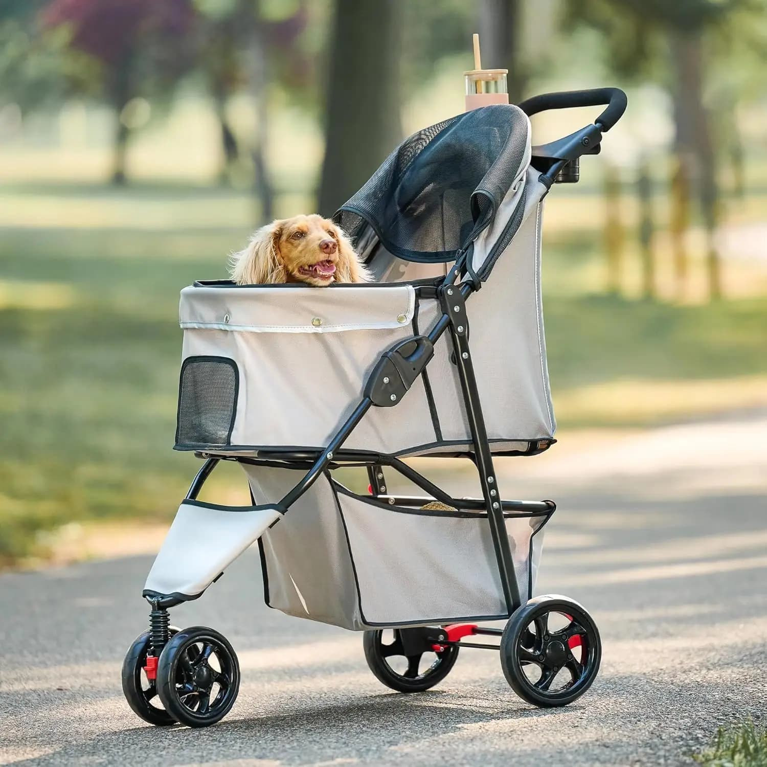Foldable Pet Stroller for Small Dogs & Cats up to 30 lb, Travel with Mesh Canopy, Umbrella, Swivel Wheels & Brakes