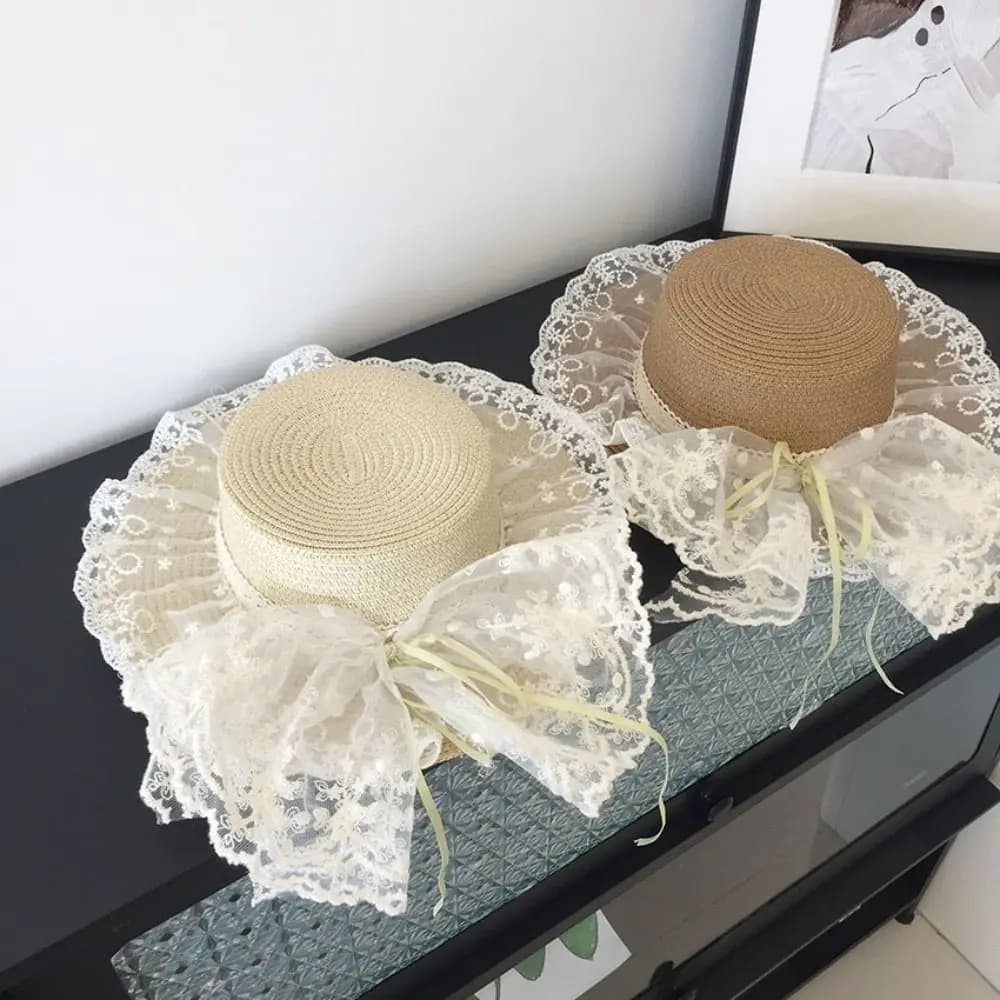 Sunscreen Cap Lace Bow Sun Hat Breathable Straw Lace Ruffle Beach Hat Adjustable Sun Visor Hats Outdoor Travel