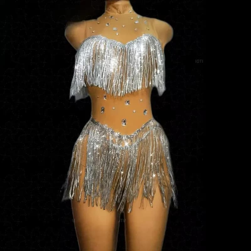 Women Shiny Sequins Tassel Bar Nightclub Performance CostumeSleeveless Bodysuit Fringe Leotard Swimsuit Dancer Carnival Party