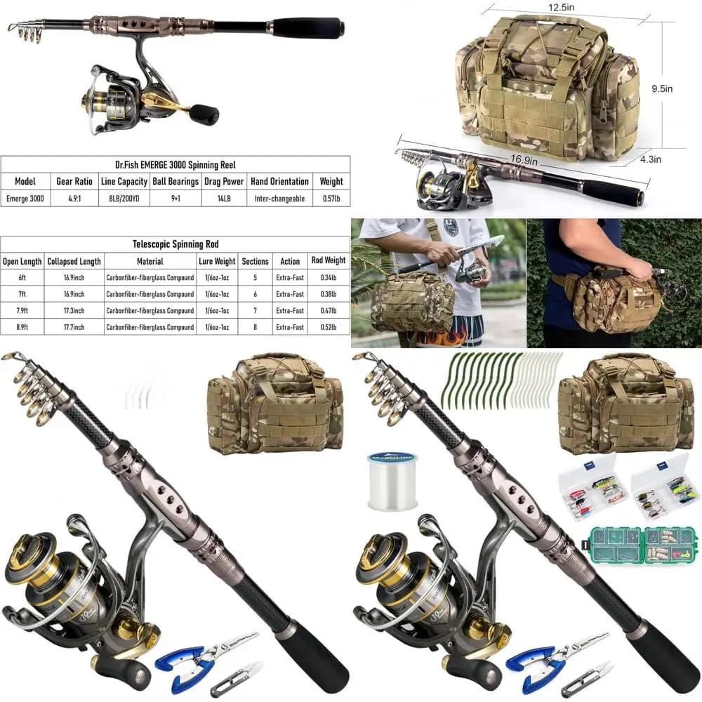 Set Combo Canna di Pesca Telescopica e Mulinello da Spinning da 125 Pezzi con Borsa Porta Equipment for Adults, Foldable for Travel, Suitable for Sweet Waters