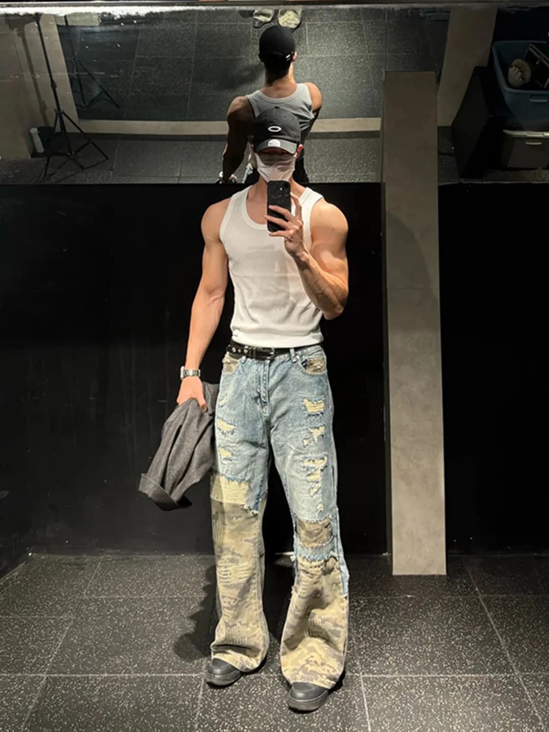 Jeans da Uomo Estivi a Gamba Dritta Micro Flare con Strappi e Patchwork Camouflage, Pantaloni da Lavoro Stile Americano Cool Design Casual