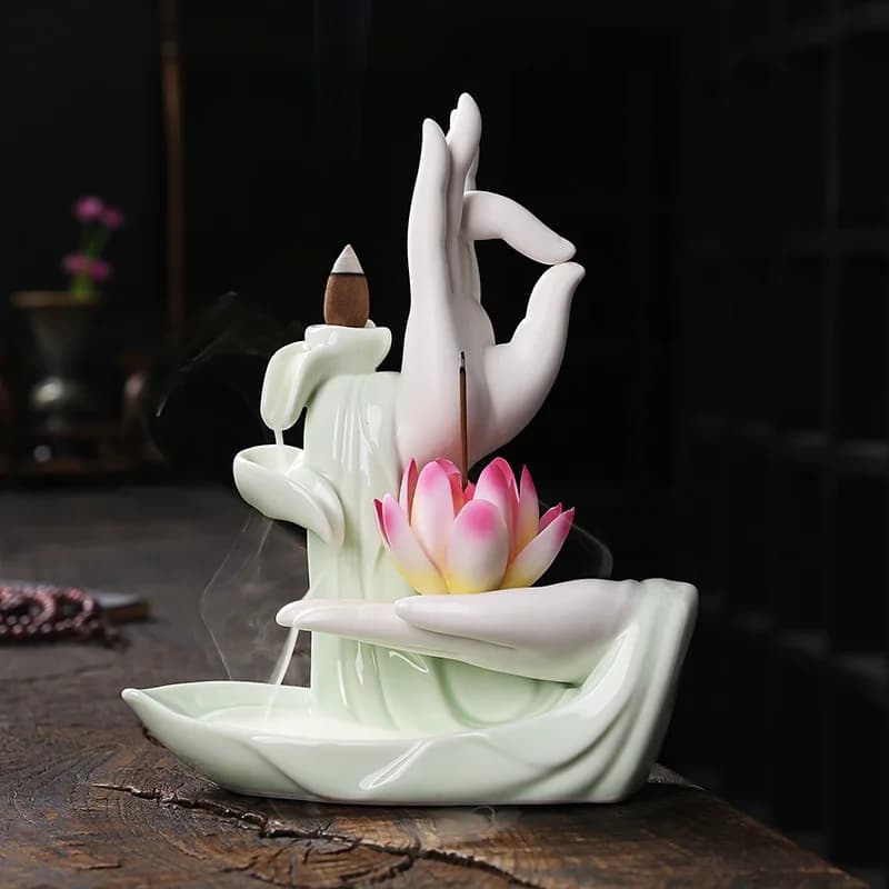 1 Pezzo, Bruciatore d'Incenso in Ceramica a Forma di Mano di Buddha, Porta Incenso a Cascata con Loto (Senza Incenso)