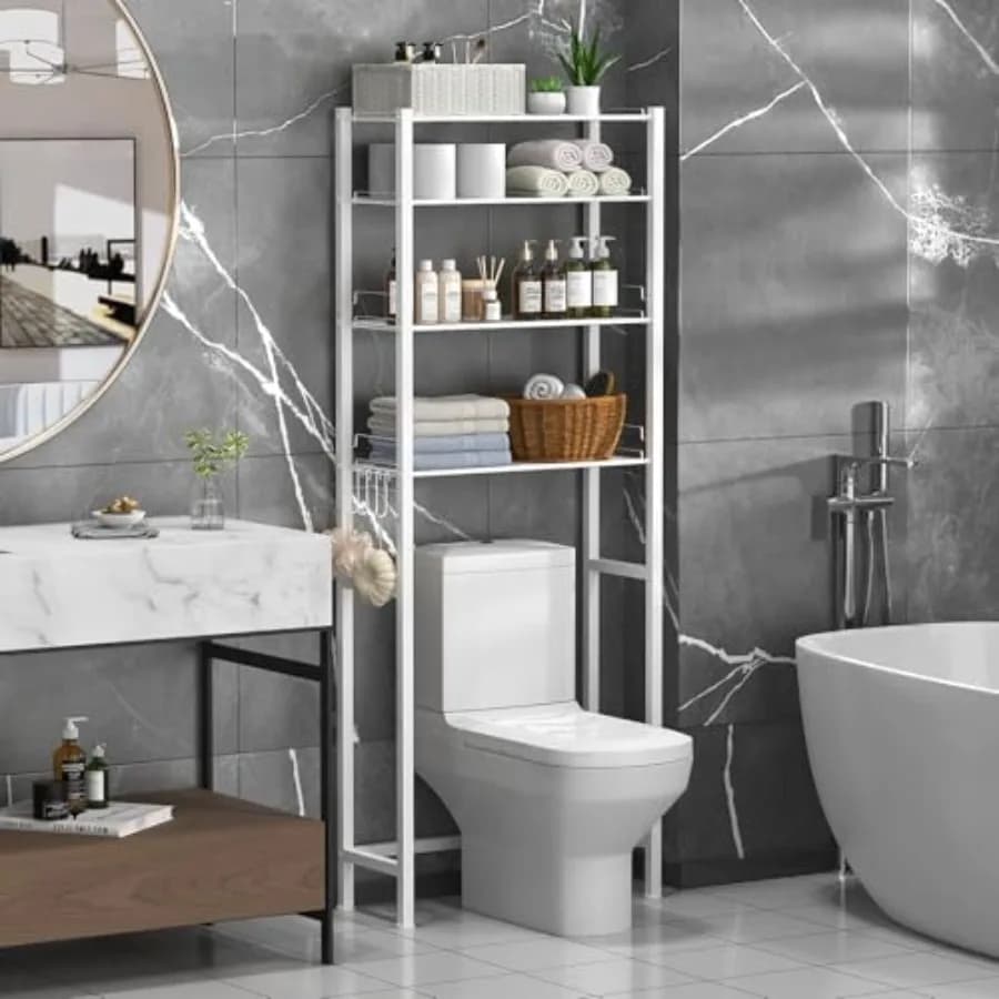 Scaffale portaoggetti a 4 livelli da posizionare sopra il WC, organizer da bagno con ripiani regolabili in altezza, scaffale autoportante S