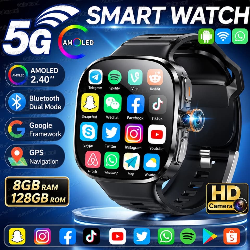 2026 New 4G 5G SIM Card Smart Watch Men 8GB+128GB 2.4" AMOLED Screen GPS WiFi Video Call Social App Download Android Smartwatch