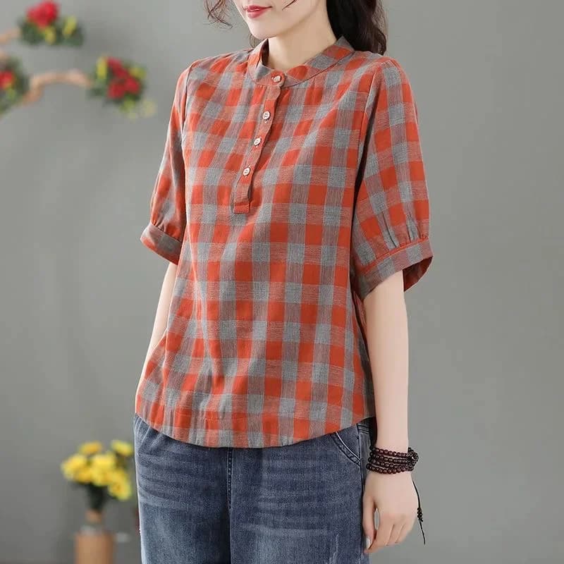 Fashion blouses spring summer women blouses Casual short sleeves with chorean collar blouses printed in top squares
