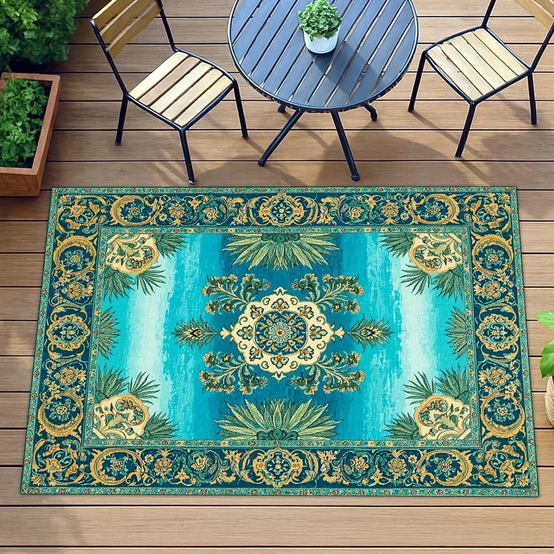 Tappeto da esterno barocco blu, elegante tappeto da patio mediterraneo, tappetino da giardino ornato lavabile, decorazione per balcone resistente alle intemperie MaT