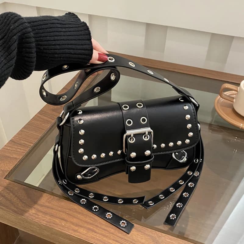 Borsa a tracolla per donna Borsa stile punk Borse moda rock in pelle PU con rivetto Piccola borsa da ascella alla moda