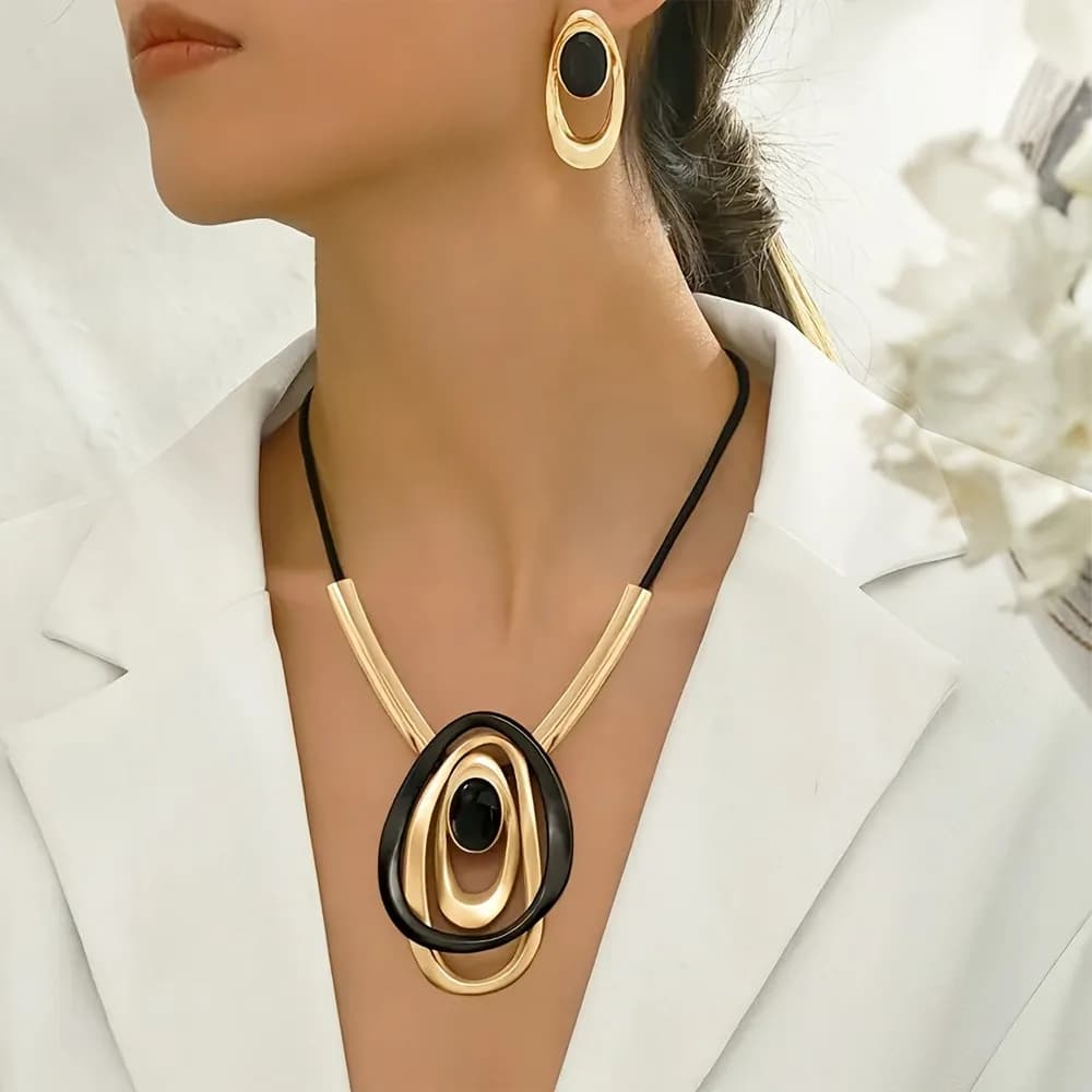 Creative Exaggerated Multi-layer Oval Ring Pendant Necklace Earring Set for Women Fashion Party Jewelry Sets Accessories Gifts