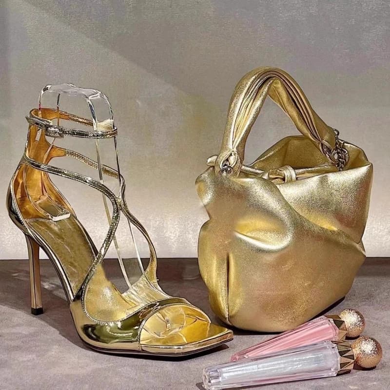 2025 Summer New One Button Strap Square Head Sandals for Women, Netizen Fish Mouth, Golden Fine Heel, Open Toe, Sexy High Heels