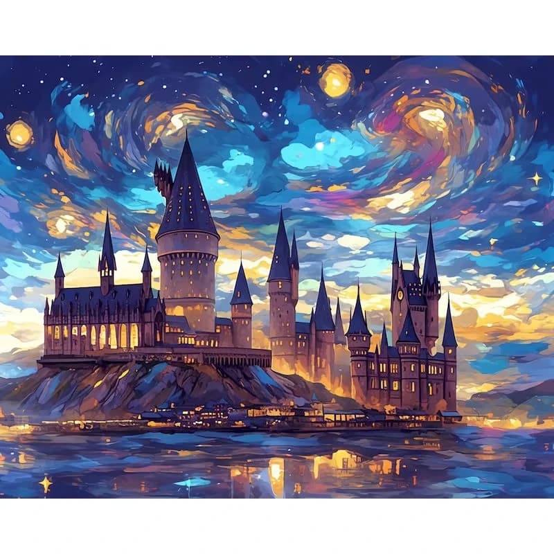 5D DIY Dreamy Castle and Starry Night Diamond Painting, Magical Wizard Castle Wall Art for Living Room Bedroom Home Decor