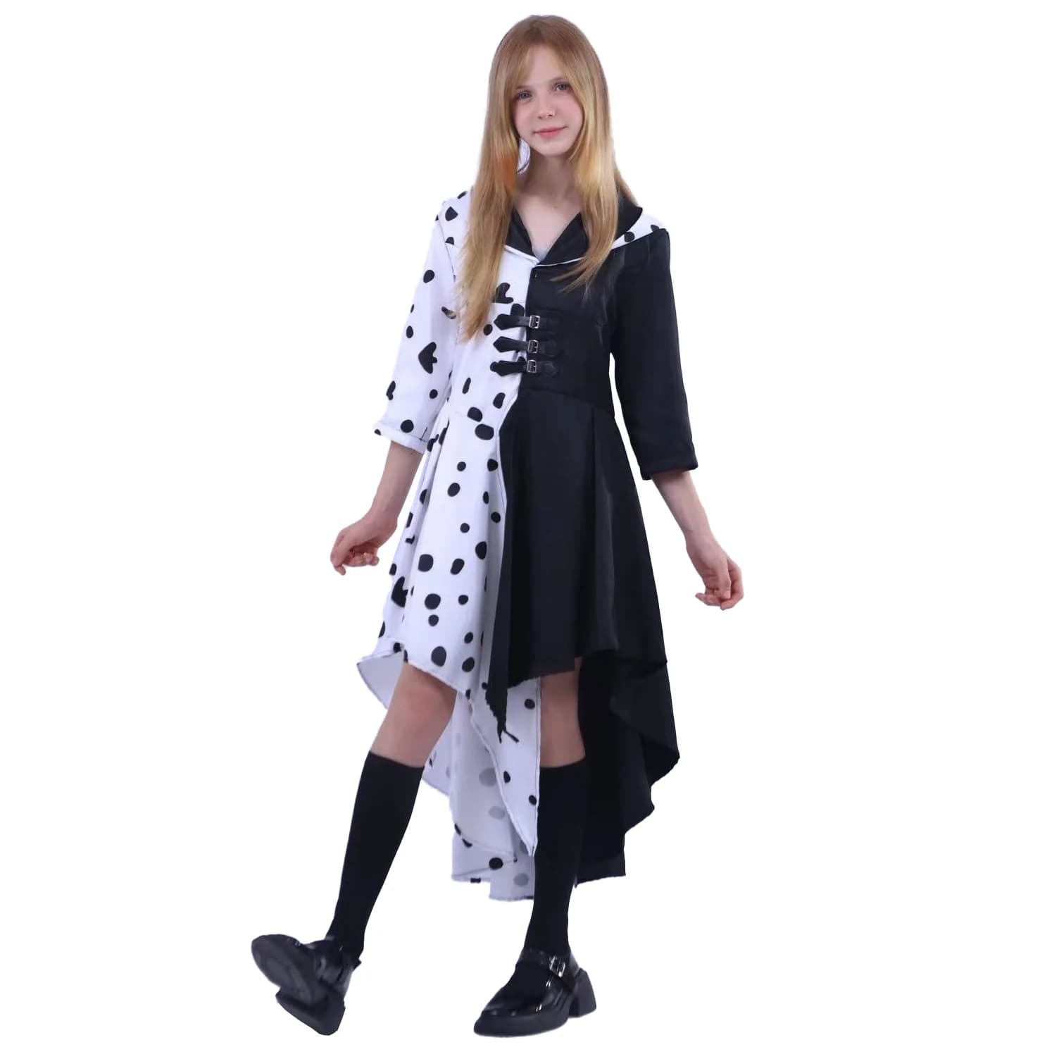 Costume di Halloween da Strega Cruella dei 101 Dalmatiner, Abito Cosplay con Gonna Lunga e Maniche a 3/4