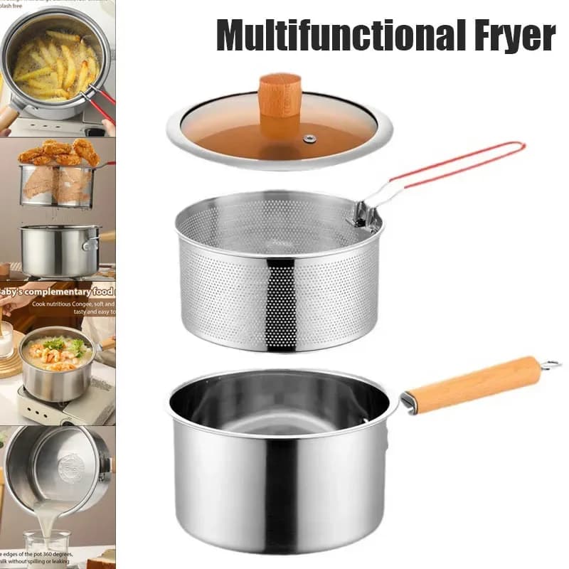 Deep Frying Pot With Strainer and Lid Stainless Steel Baby Food Milk Cook Pot Tempura Fryer Pan Soup pot Fried Kitchen Cookware