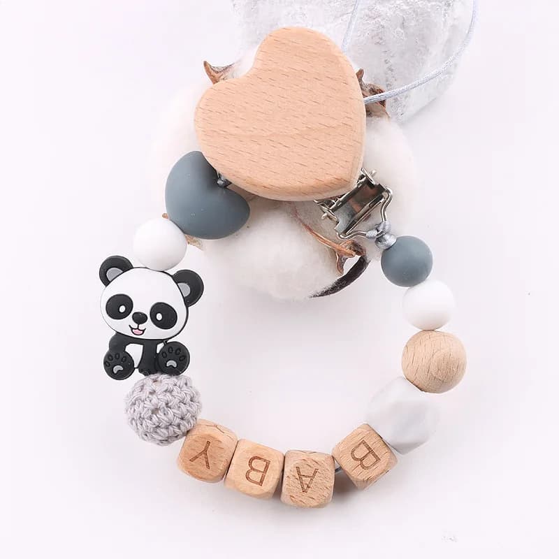 Clip per ciuccio per massaggiagengive in faggio per bambini fatti a mano Perline geometriche all'uncinetto Catena per massaggiagengive in silicone Clip per capezzoli per catena per ciuccio per bambini