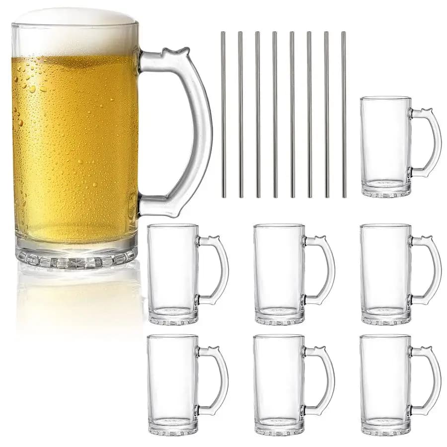 Set di 8 Boccali da Birra in Vetro da 16 Oz con Manico, Grandi Bicchieri Robusti con Cannucce in Acciaio Inox, Base Pesante, Vetro Spesso