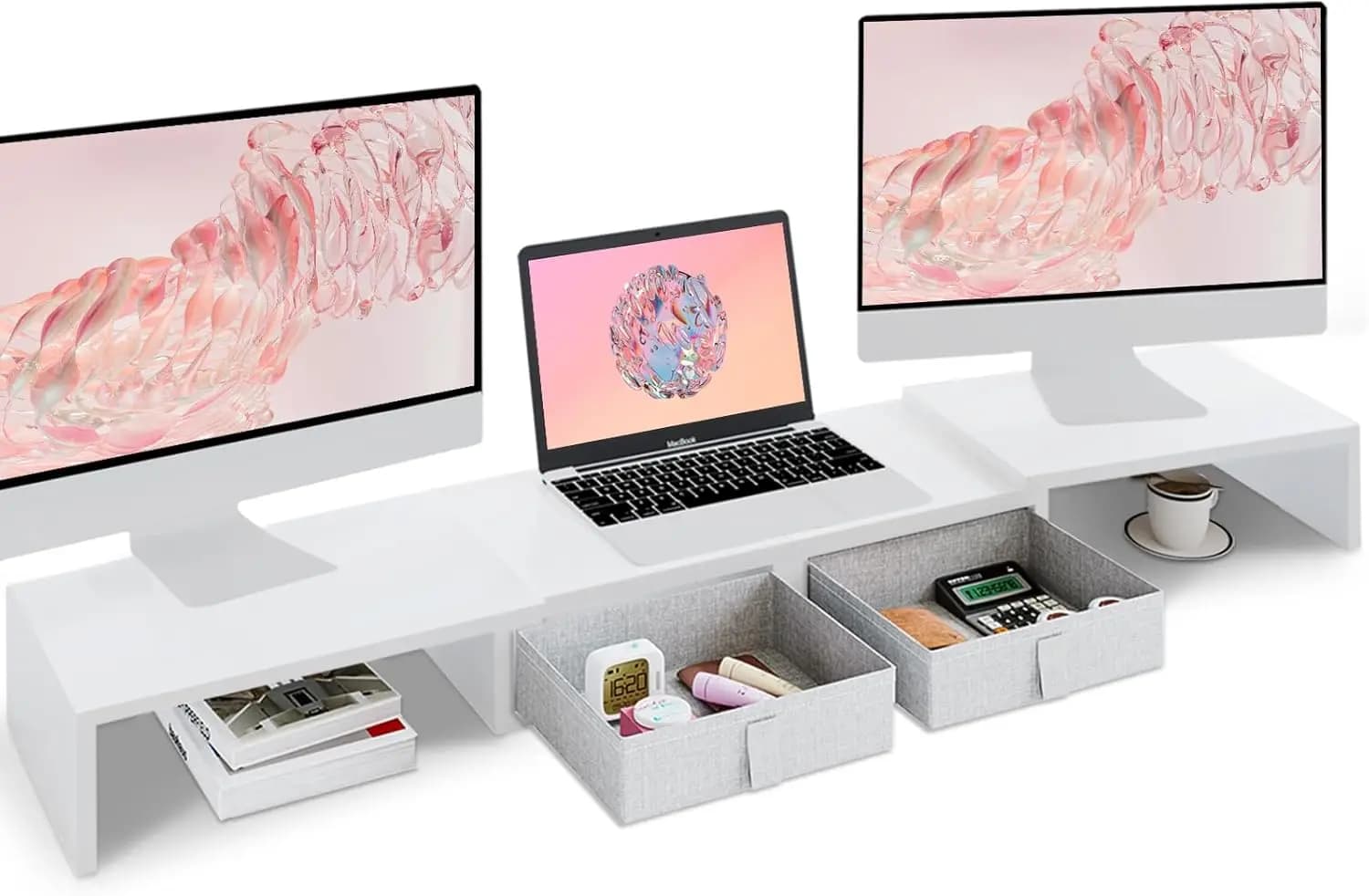 Supporto Regolabile per Doppio Monitor con Cassetti, Organizzatore da Scrivania in Legno Bianco per Monitor/Laptop/PC