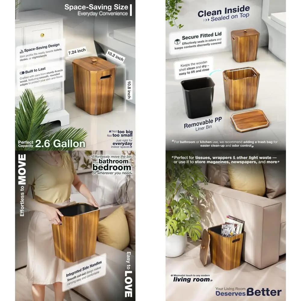 Cestino per rifiuti piccolo in legno di acacia con coperchio e contenitore in plastica per bagno, camera da letto, ufficio - Pattumiera decorativa con manico