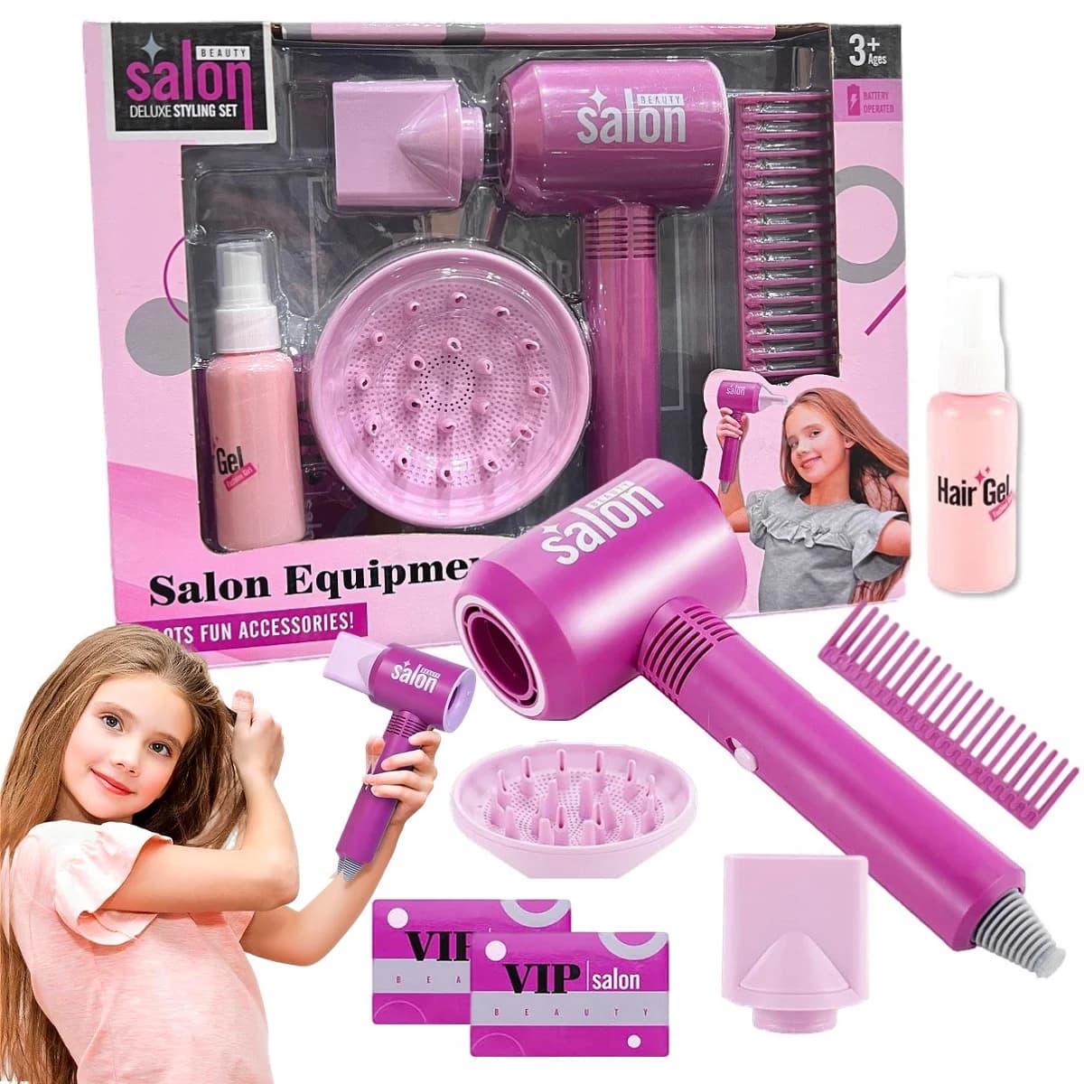 Gift set for 7-piece hairdresser for girls - Beauty game kit for children with fake hair dryer and 2 interchangeable nozzles, christmas birthday