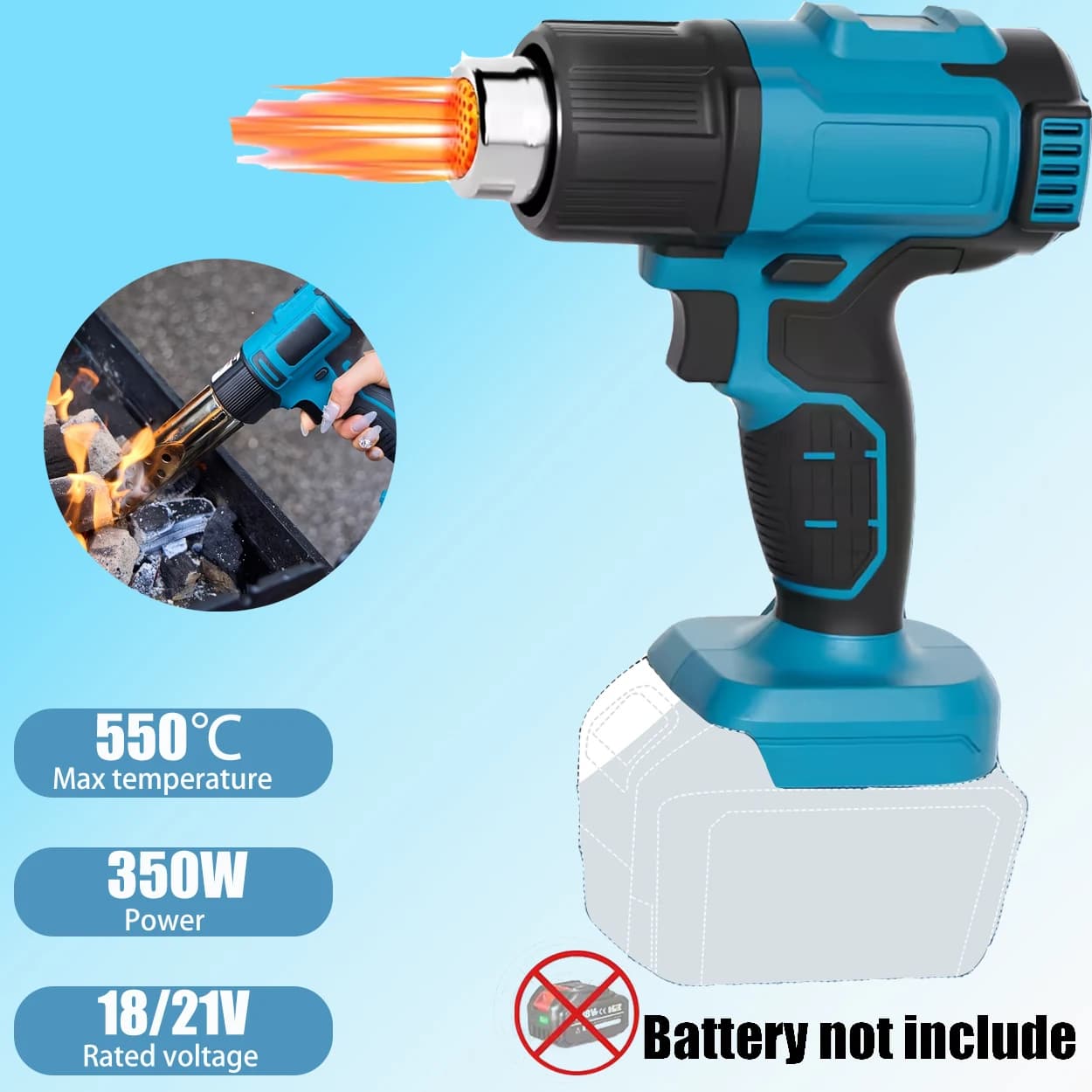 Pistola Termica Senza Fili, 550 ℃ Pistola ad Aria Calda Elettrica Portatile ad Alta Temperatura (Solo Corpo Macchina)