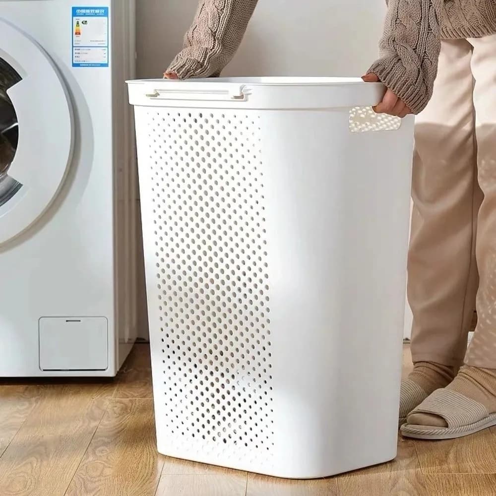 70L Large Capacity Dirty Clothes Basket Hollow out with Lid Handle Clothes Storage Basket Japanese Style Laundry Basket