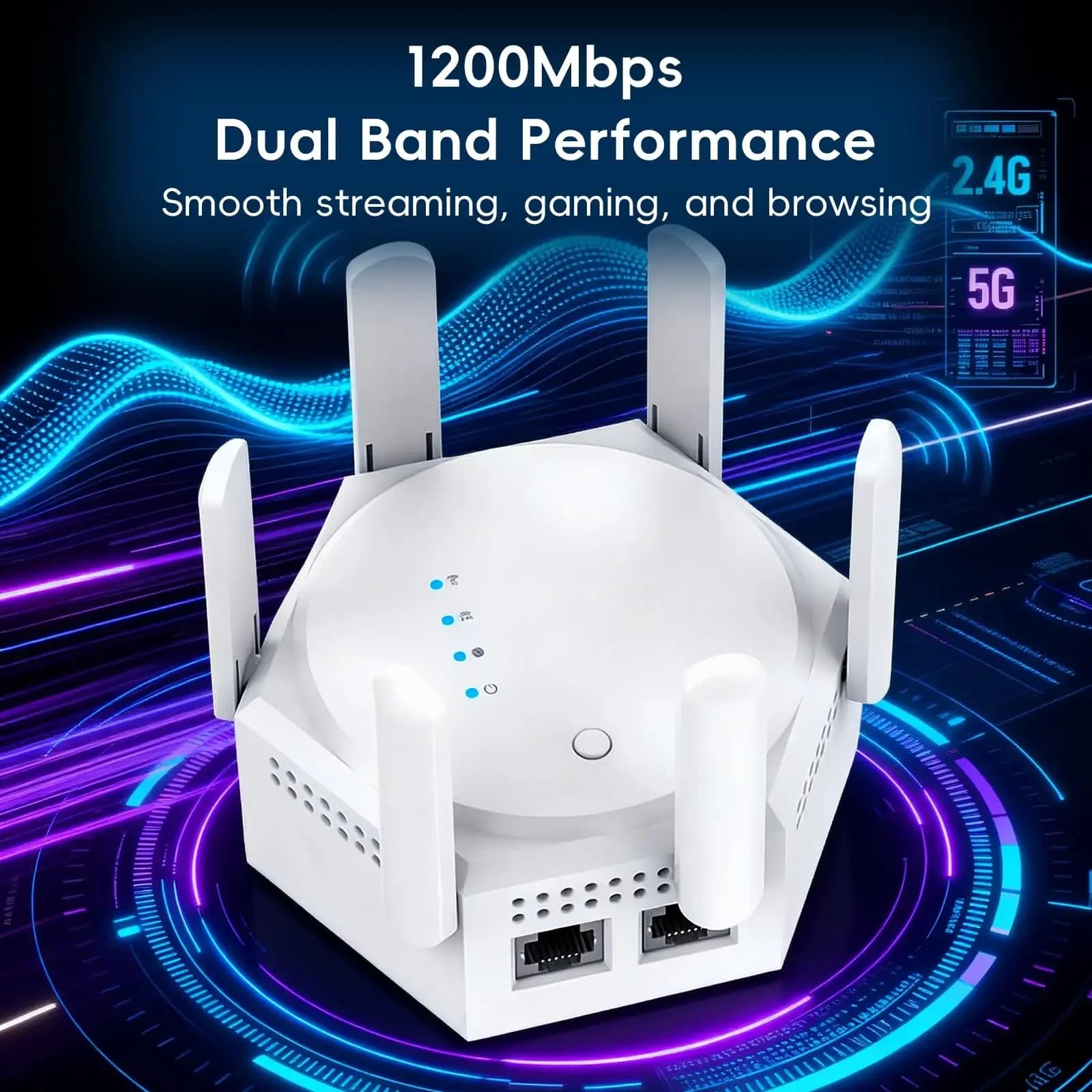 1200Mbps Dual Band WiFi Extender Signal Booster with 6 Antennas & Ethernet Ports Repeater 2.4G/5G Coverage up to 8000 Sq.Ft
