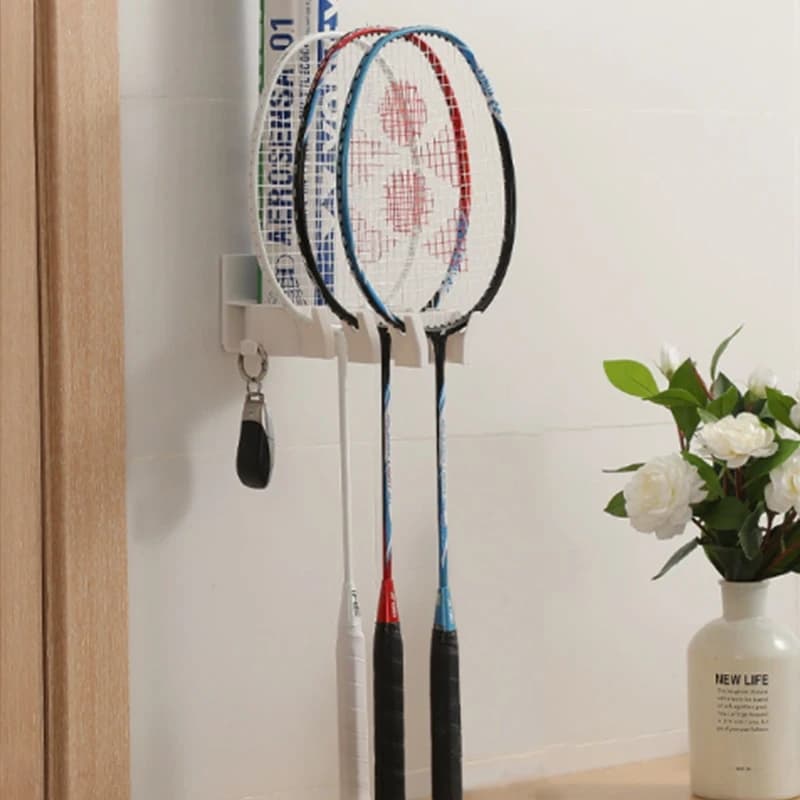 Punch Free wall-mounted badminton rack with 3 slot storage Rack ball hook for ping pong pickleball tennis rack