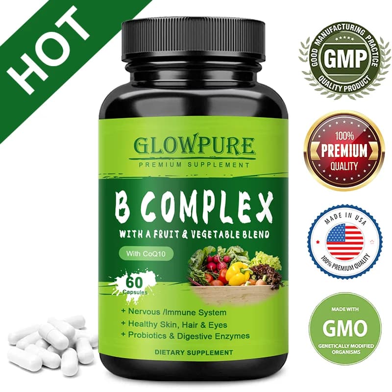 Complex vitamin B supplement for nervous and immune system, non-GMO natural vegan capsules for general health of hair skin nails