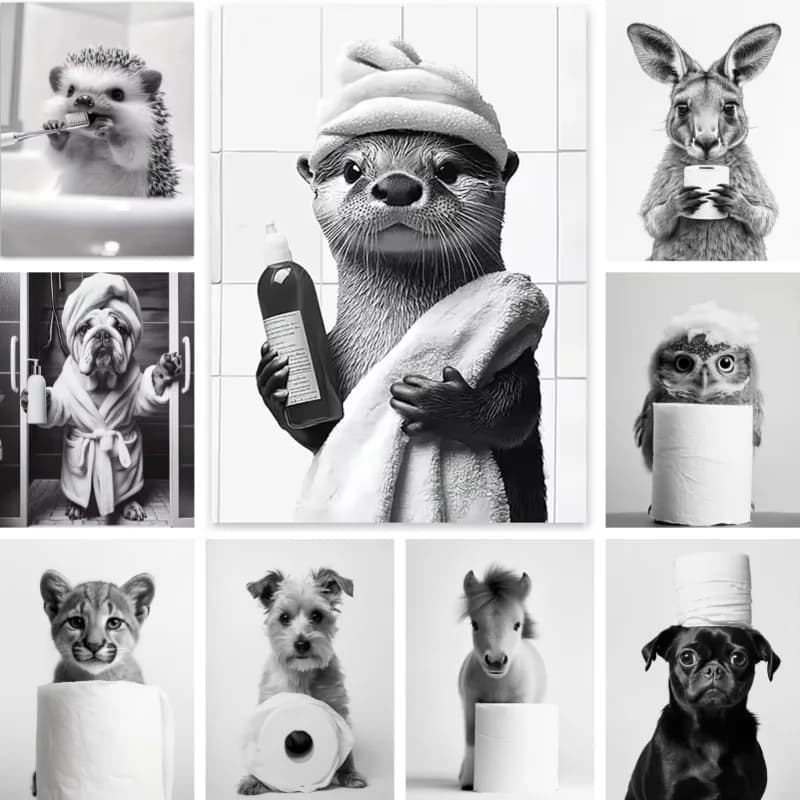 Animal Bathroom Toilet Paper Canvas Painting Poster Otter Hedgehog Giraffe Gift Wall Room Home Decor Black White Print Modern