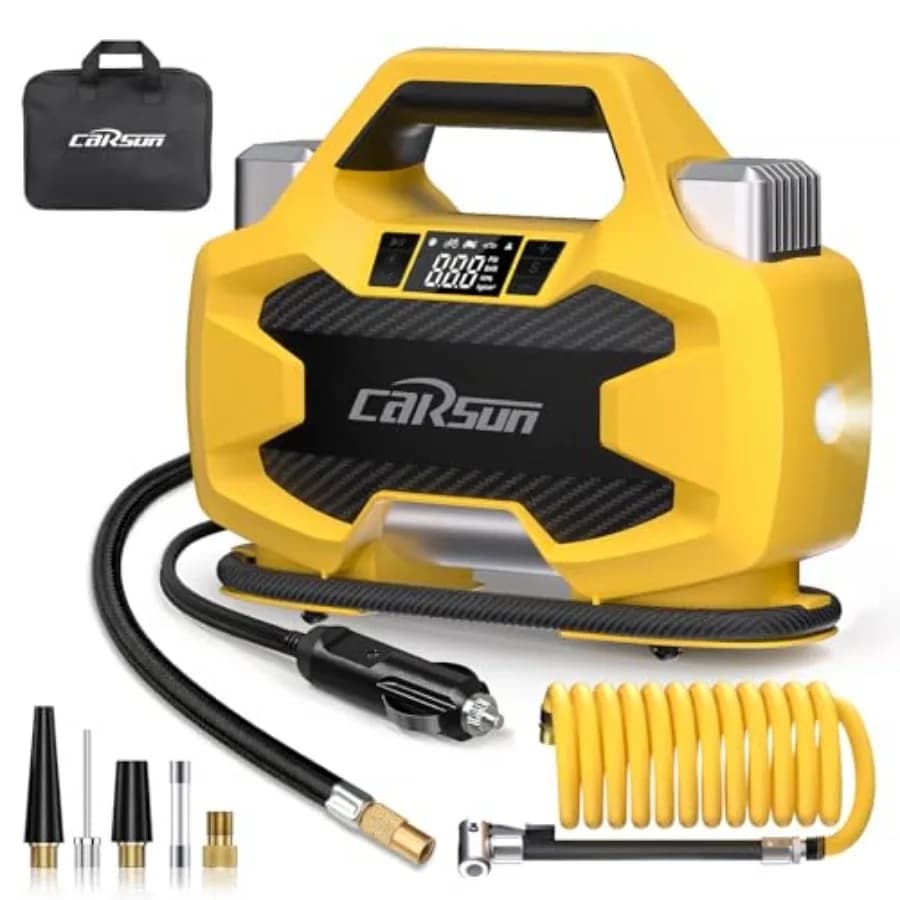 Pompa Gonfiagomme Portatile Professionale a Doppio Cilindro e Doppio Motore, 150 PSI, con Spegnimento Automatico e Display, 12V DC
