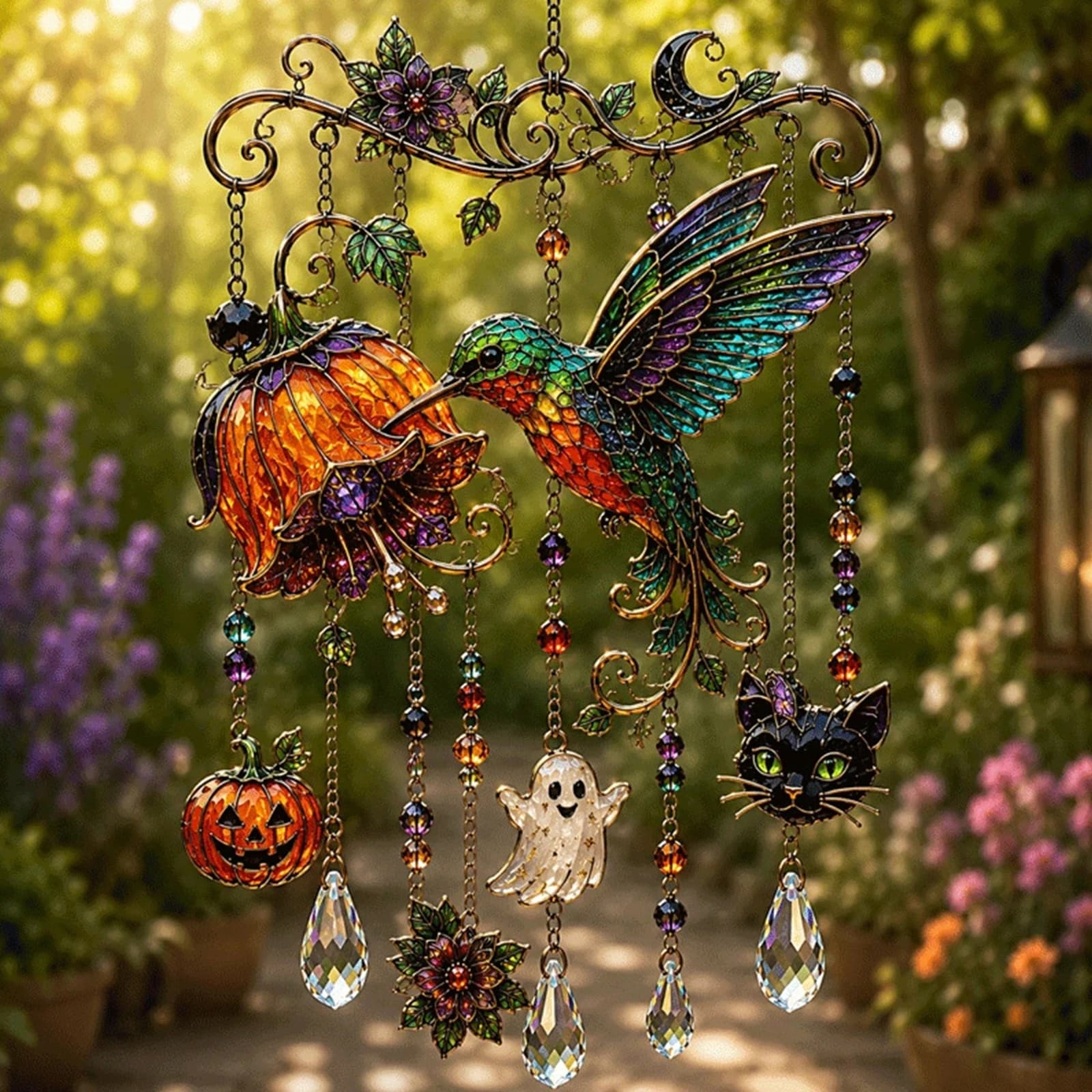 Acrylic Halloween Decoration Wind Chime Ghost Bat Pumpkin Skull Black Cat Moon Window Decor