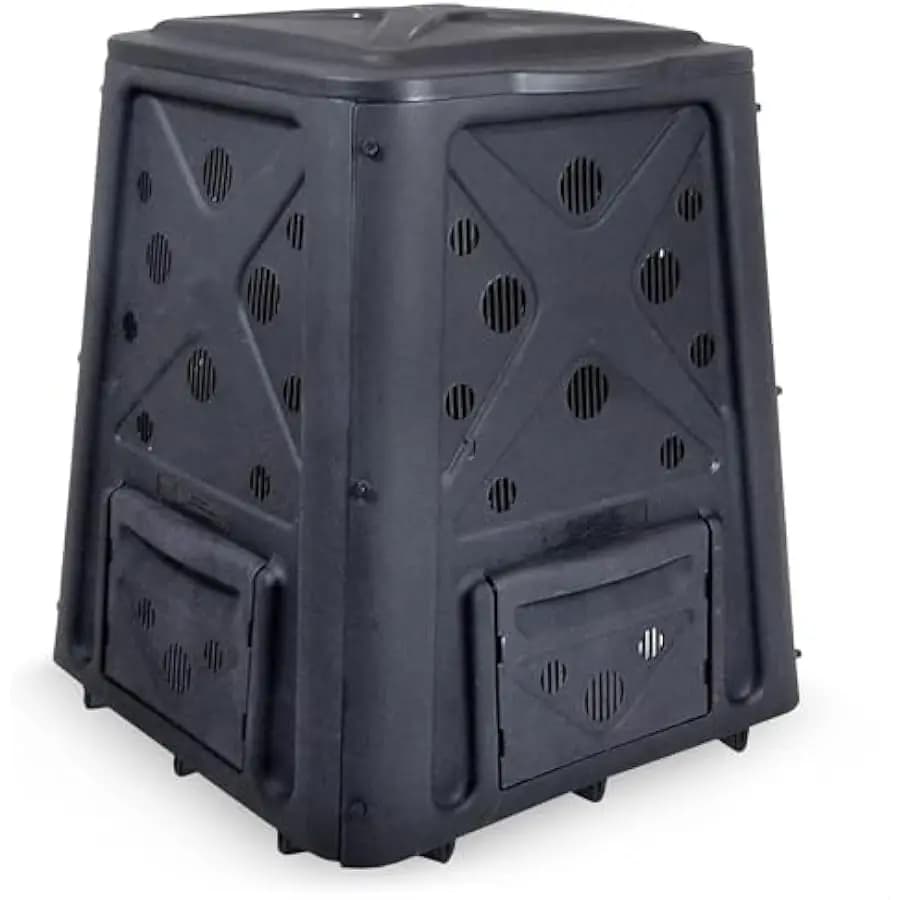 Redmon Outdoor Compost Bin with Lift Off Lid, 4-Door Access & Vent Holes, 65 Gallon, Black - Composting Bin Container for Kitche
