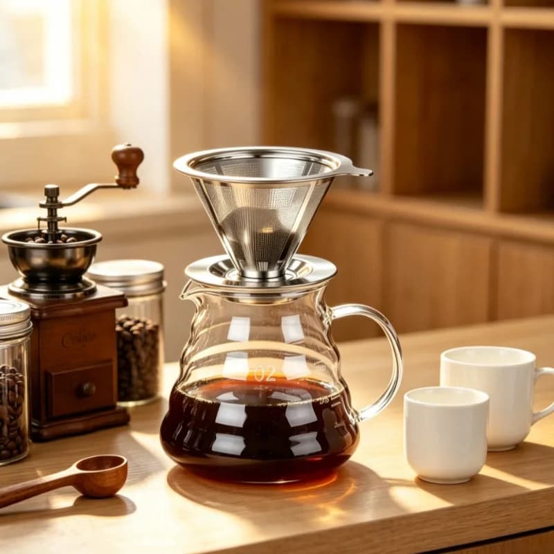 Pour Over Coffee Maker Set – Glass Coffee Dripper with Stainless Steel Coffee Filter Holder Double Layer Tea Strainer Server