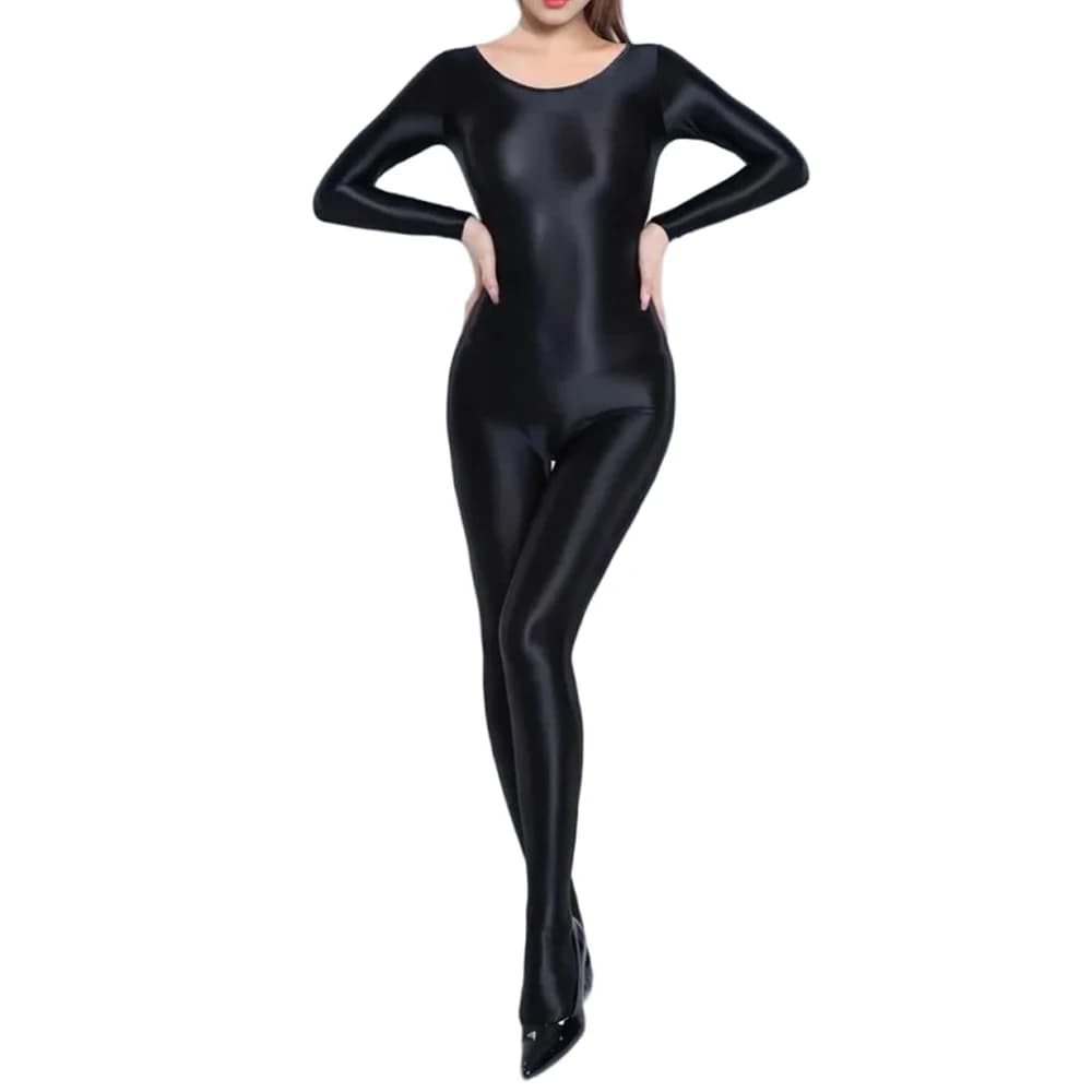 Donne Olio Lucido Manica Lunga Collant Tuta Bodystocking Yoga Ginnastica Shapewear Costume Intero Catsuit Lucido Body