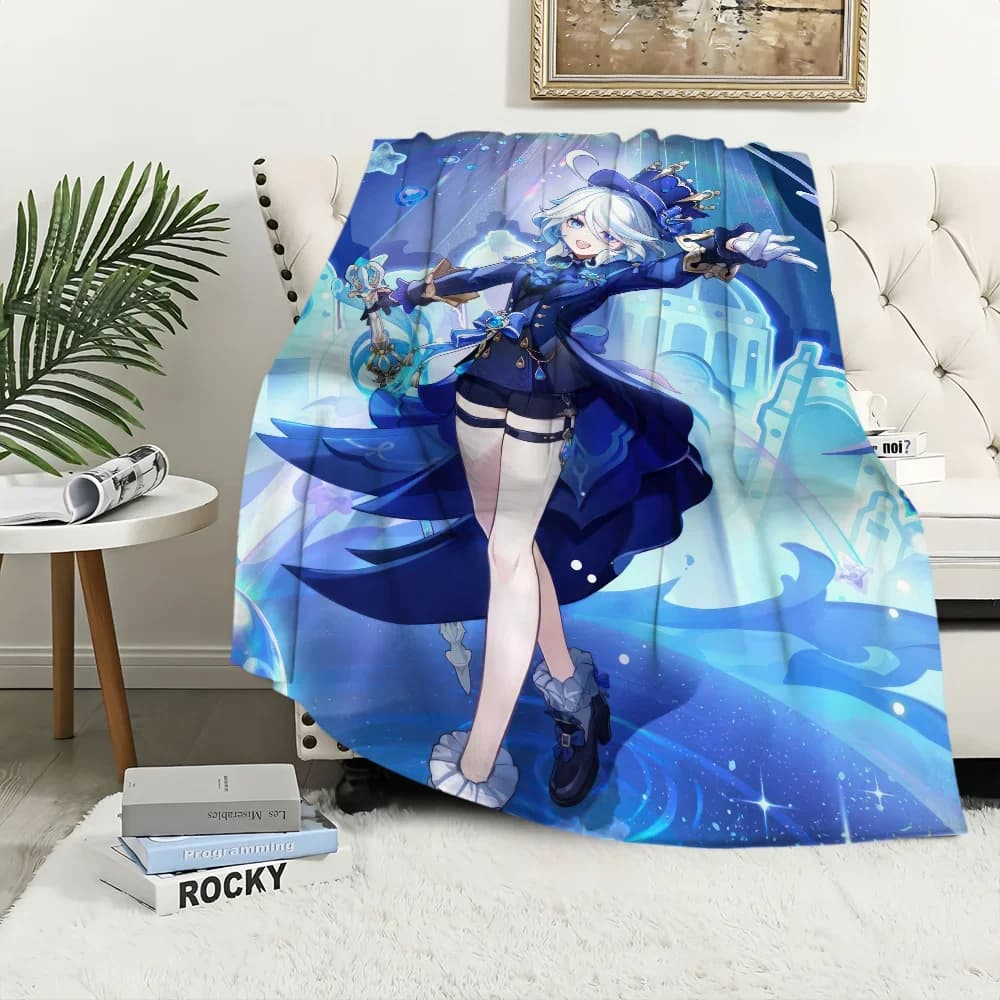 Genshin Impact Furina Flannel Throw Blanket for Couch Home Travel Hiking Picnic Bed Perfect Birthday Gift