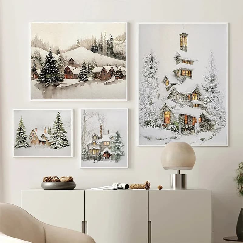 Winter Snowscape Pine Forest House Oil Painting Style Posters Prints Diamond Printing Wall Art Picture for Living Room Home De