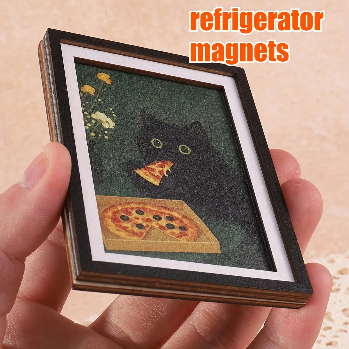 Magnete per Frigorifero con Cornice Portafoto a 3 Strati, Motivo Gatto Nero e Pizza, Decorazione Casa Divertente, Regalo Festivo Unico ed Elegante