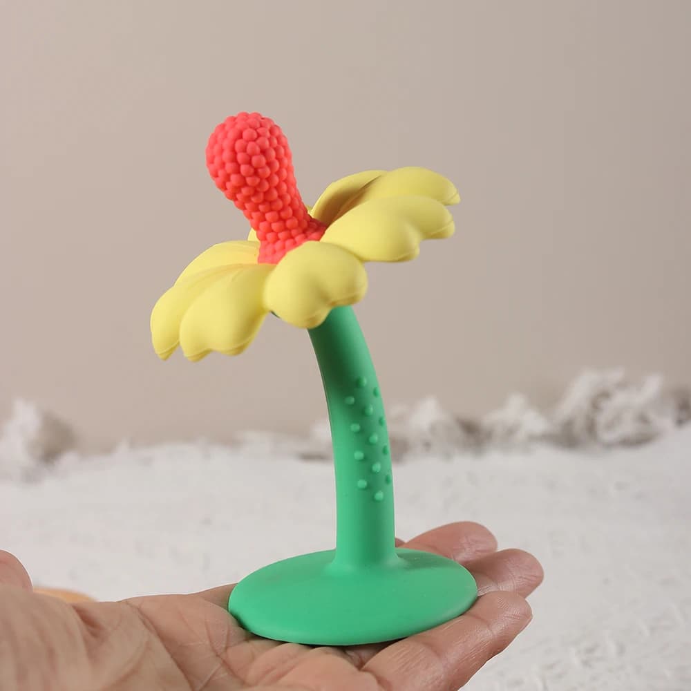 Massaggiagengive per bambini con forma di fiore e base di supporto: silicone alimentare, senza BPA, giocattolo da masticare facile da tenere per neonati