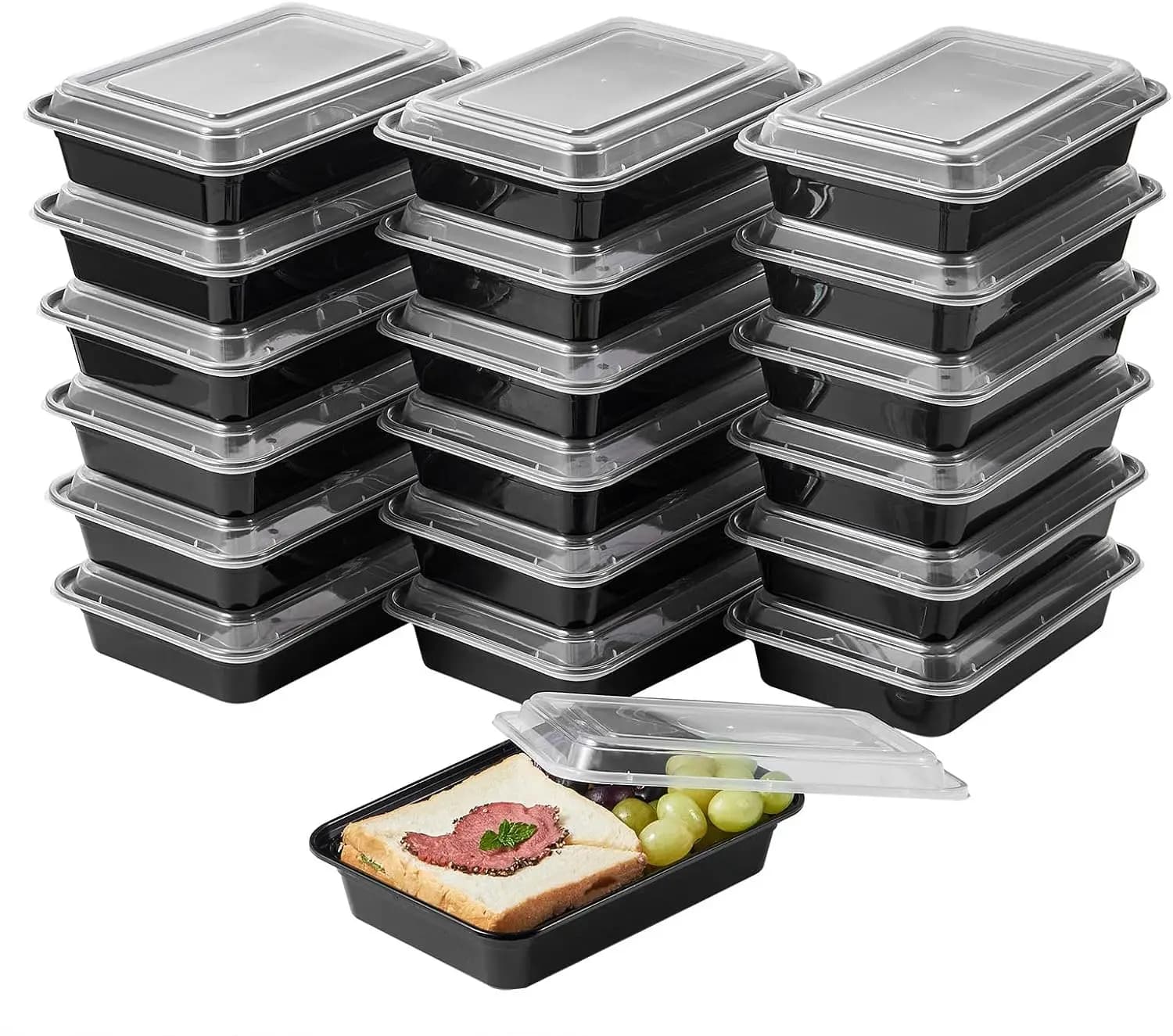 Confezione da 150 contenitori in plastica per la preparazione dei pasti con coperchi, 28 oz, 1 scomparto, neri, rettangolari, riutilizzabili, per il pranzo da asporto