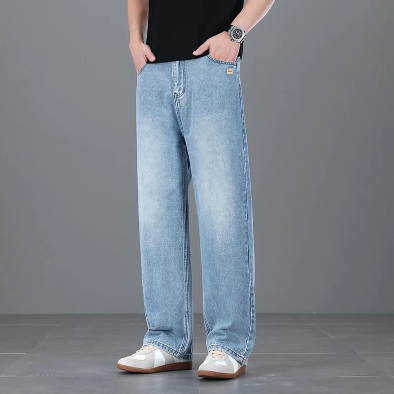 Nuovi Jeans Casual da Uomo Coreani 2026, Classici, Larghi, a Gamba Dritta, in Denim, Tinta Unita, Blu Chiaro, Nero, Grigio