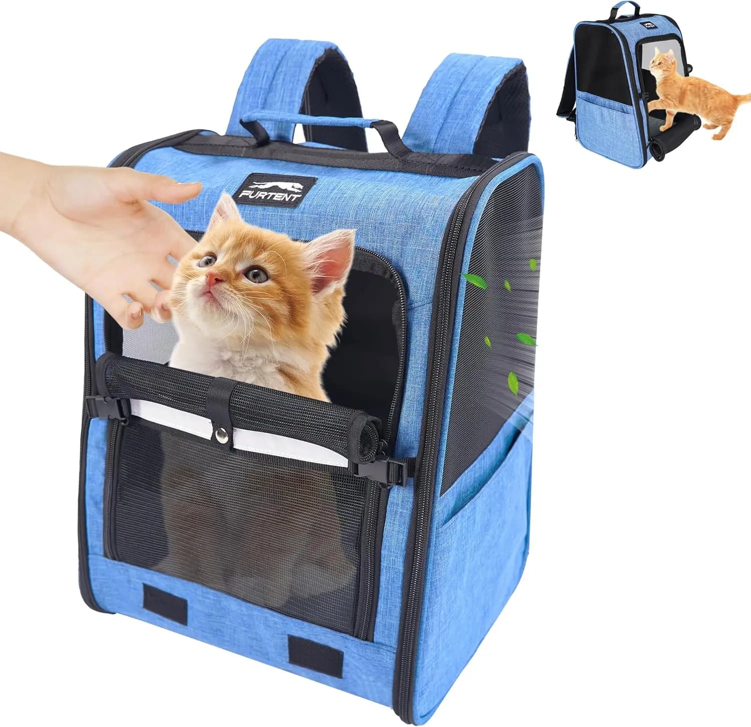 Zaino da trasporto per gatti ventilato con guinzaglio di sicurezza, pacchetto da viaggio leggero per cani per escursioni ed uso all'aperto in blu
