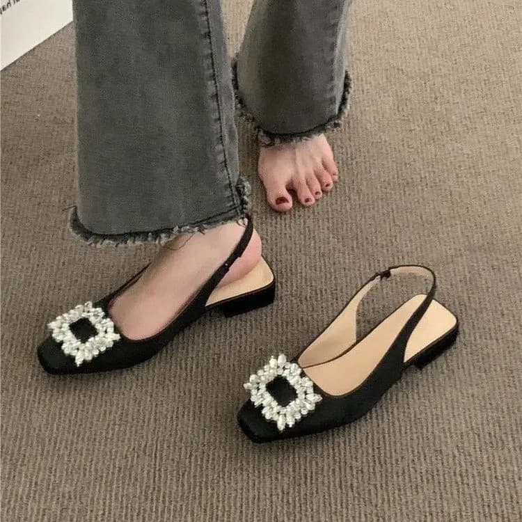 Sandali con tacco alto tacco spesso donna 2024 estate nuovo bottone quadrato strass stile fata scarpe singole con punta quadrata francese