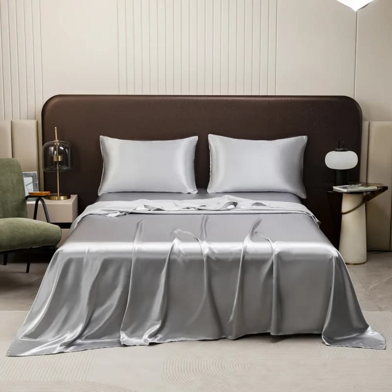 Luxury satin flat sheet and pillowcase set, soft and silky flat sheet in solid color for bedroom, king size bed linen set
