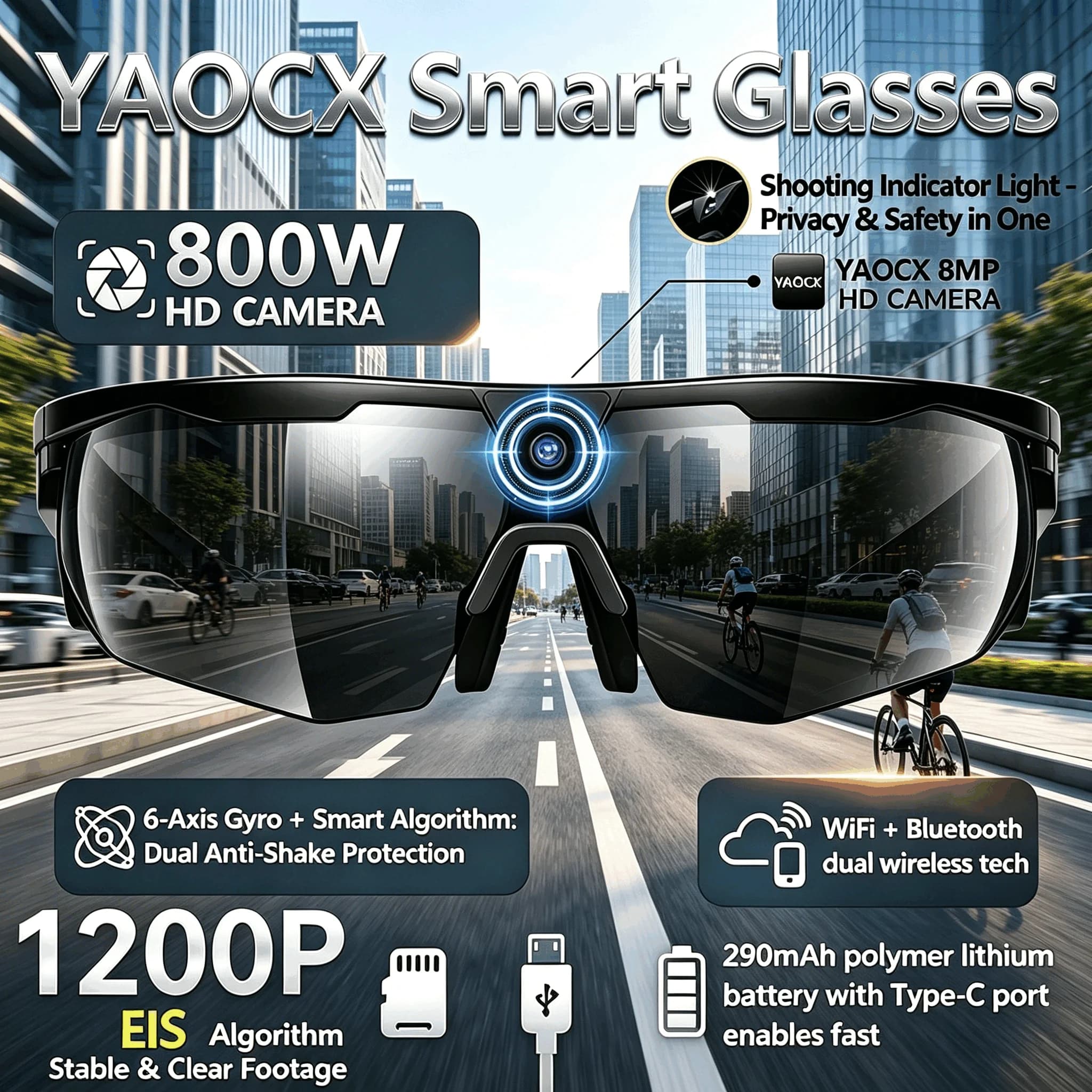 Nuovi Occhiali Smart da Ciclismo 2026 con AI, Controllo Vocale Intelligente, Ripresa Anti-vibrazione, Fotocamera HD 800W, Traduzione Intelligente, Protezione IP66 da Polvere e Acqua